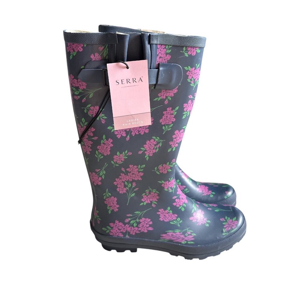 Serra Tall Rain‎ Boots Navy Floral Adjustable Size 9 - Picture 2 of 6